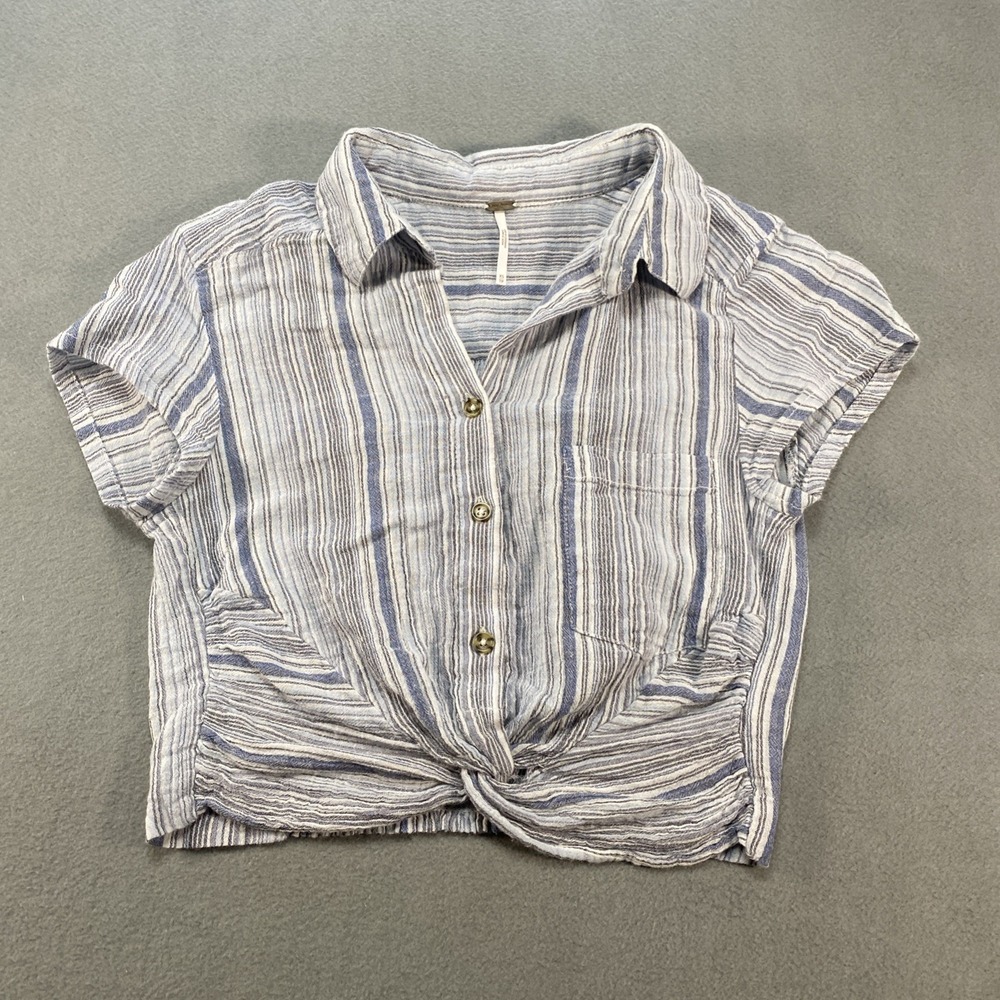 Free People Blue White Striped Knotted Hem Button Down Crop Top Boho Summer XS